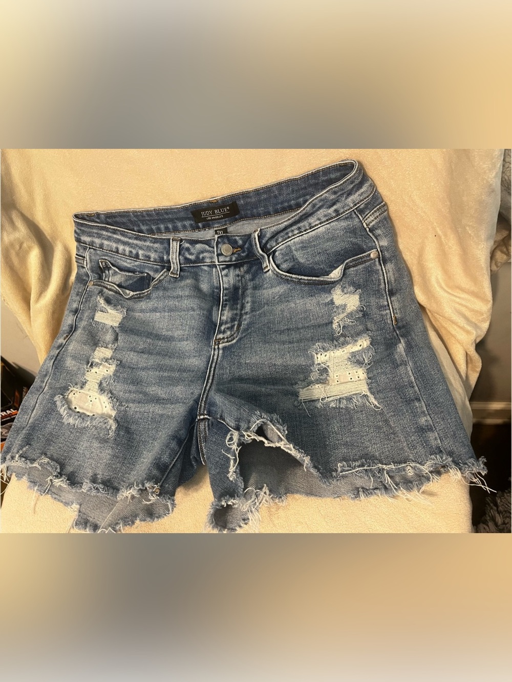 Judy Blue Distressed Raw Hem Denim Shorts with Lace Patch Distressed Denim Jean